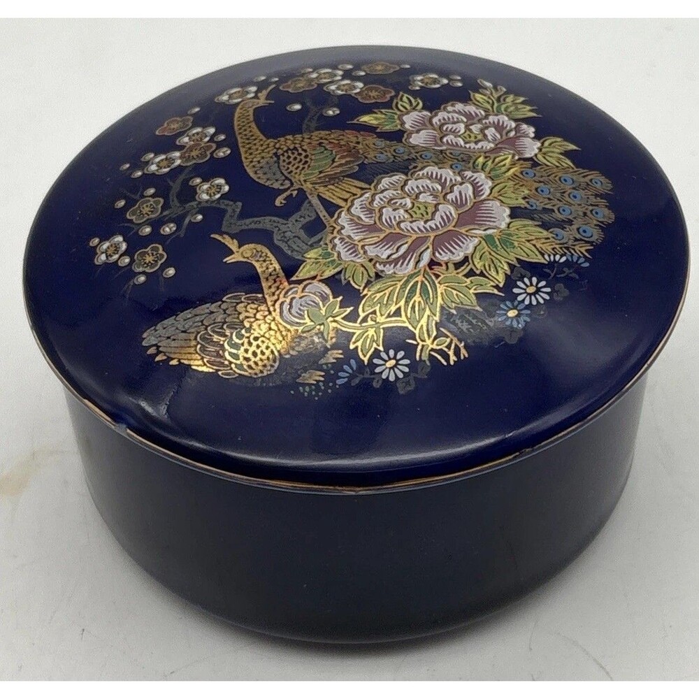 Vintage Blue & Gold Trim W/ Peacock Floral Round Porcelian Trinket Dish Japan 4”